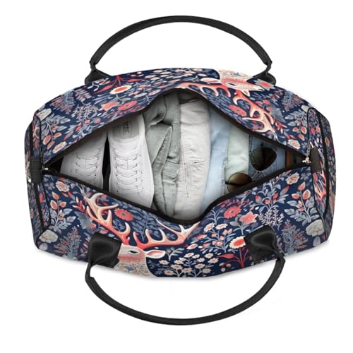 Boho Deer Custom Travel Bag, Personalized Duffle Bag with Initials Name, Retro Floral Sports Dance Gym Tote Bags Weekender Overnight Bags for Women Men4