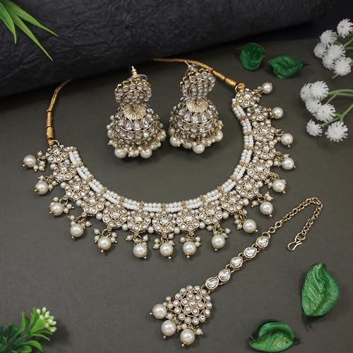 I Jewels Gold Plated Kundan Pearl Handmade Choker Necklace Jewellery & Jhumka Earring Set For Women (K7266)3