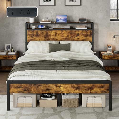 Image of AMERLIFE Full Size Bed Frame with Storage Headboard & Charging Station, Industrial Metal Platform Bed with Large Under-Bed Storage, Heavy Duty Slats, No Box Spring Needed, Dark Brown