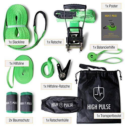 High Pulse® Slackline Set | 15 m – Komplettes Slackline-Set (12,5 m Band + 2,5 m Ratschenband) mit Ratsche, Ratschenschutz, Hilfsline, Balancierhilfe, Baumschutz und Transportbeutel