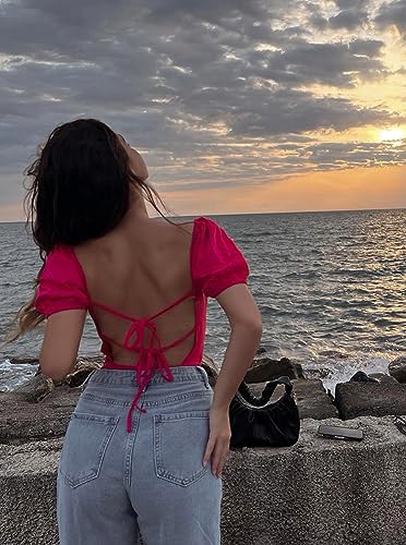 Image of oten Women's Sexy Backless Puff Sleeve Square Neck Tie Back Bodysuit Tops