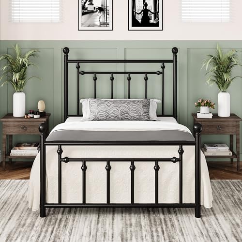 Image of Allewie 14'' Twin Size Metal Platform Bed Frame, Vintage Headboard, Black