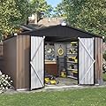 VONZOY 10x10 FT Outdoor Storage Shed, Metal Shed Garden Shed with Lockable Door for Bike, Garbage Can, Tool Shed for Backyard, Patio, Lawn(Brown)