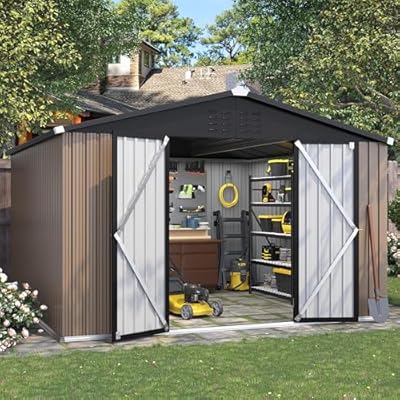 VONZOY 10x10 FT Outdoor Storage Shed, Metal Shed Garden Shed with Lockable Door for Bike, Garbage Can, Tool Shed for Backyard, Patio, Lawn(Brown)