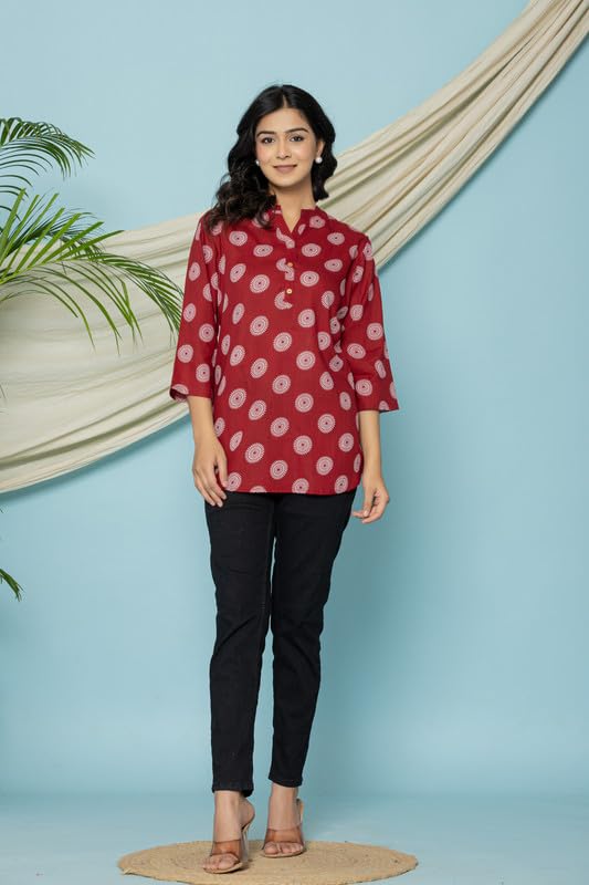 Image of Women's Cotton Printed Kurta Top | 3 /4 Sleeve Straight Kurti Casual Outings