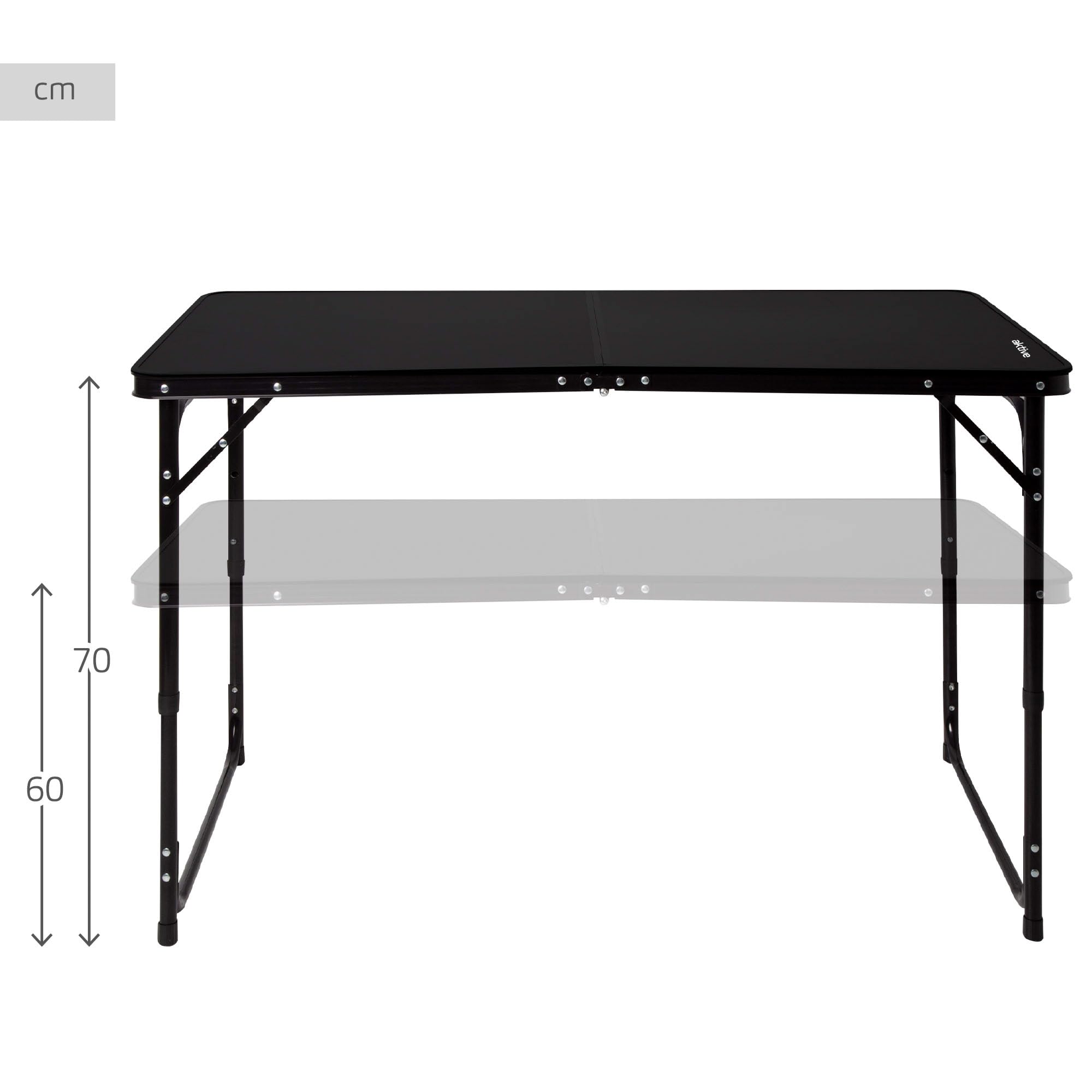 AKTIVE Table Pliante, Noire, 120X60X60, 70 cm, Hauteur Réglable, Butées Antidérapantes, Supporte 30 kg, Poignée de Transport, Comprend Un Filet auxiliaire Amovible, Tables de Camping, Plage