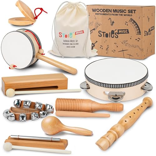 Stoie's Wooden Toddler Musical Instruments with Drum, Hand Bells, Flute, Maracas, Castanet, Tamburine, for Babies and Kids, Eco Friendly Montessori Educational Toy