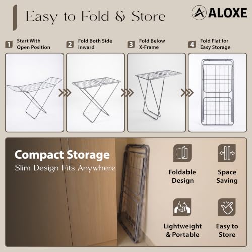 Image of ALOXE Foldable Clothes Drying Stand | Heavy Duty Cloth Dryer Stand with Wings | Mild Steel Rack for Indoor Outdoor Balcony Use (Grey)