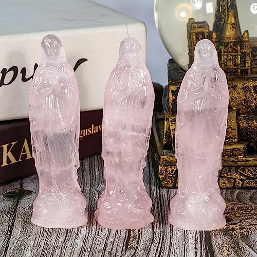 mookaitedecor Natural Rose Quartz Carved Crystal Holy Mother Mary Statue Ornament for Home Office Decor 8.8cm Praying Blessed Virgin Mary Figurine Indoor Healing Stone Sculpture Religious Gift - Image 3
