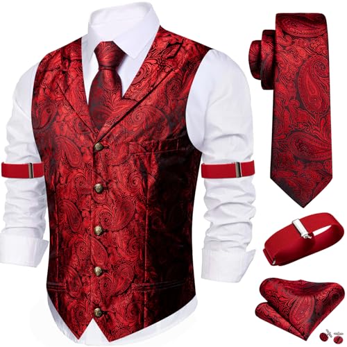 Image of Barry.Wang Mens Silk Lapel /Shawl Collar Vest Tie Sleeve Holder Set Formal /Casual Paisley Vests Wedding Tuxedo Waistcoat