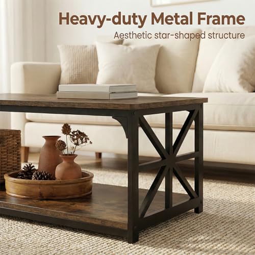Image of GOFLAME 2-Tier Rectangular Coffee Table, Modern Center Table with Wooden Top, Metal Frame, X Shaped Side Pattern, Display Accent Tea Tables, Living Room Tables for Apartment (Rustic Brown & Black)