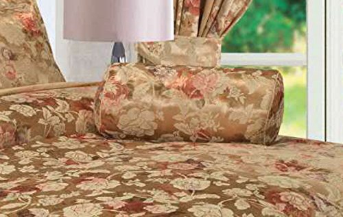 Filled Neck Roll Anastasia Gold, by Courtaulds Fabrics, Decorative Scatter Boudoir Cushion, Jacquard Floral Print, Embellished, Golden Rope Edge, Mink Tan Terracotta Rust Red