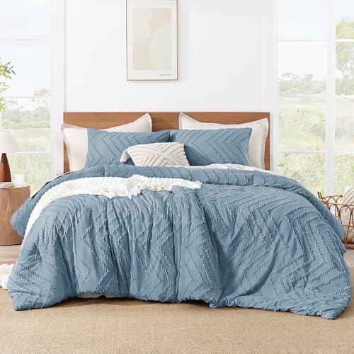 Image of Litanika Boho Queen Comforter Set, 3 Pcs Grayish Blue Lightweight Bedding
