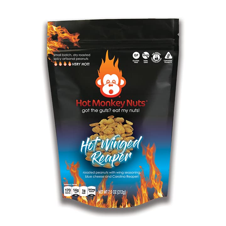 Hot Monkey Nuts - Cacahuetes calientes tostados con condimento de ala, queso azul y Carolina Reaper, sin OMG, sin gluten, cacahuetes picantes