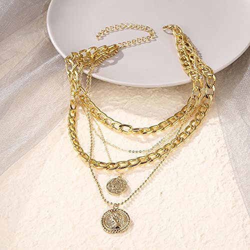 Layered Gold Pirate Necklace for Women Vintage Coin Pendant Necklaces Chunky Chain Pirate Necklace Gold Statement Jewelry 5