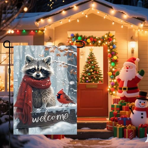 Image of BlissYard Garden Flag Raccoon Woodland Bird Winter 12x18 Inch Polyester