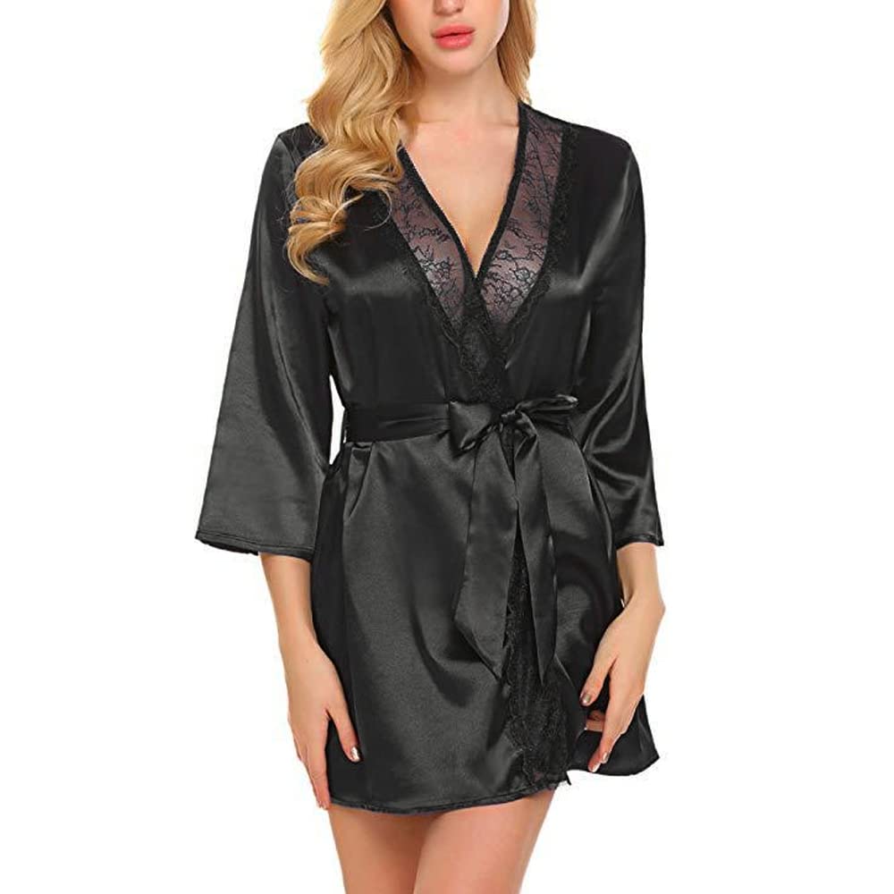 TOEECY Bata de Mujer de Satén Sexy Cuello en V Corto Kimono Batas Pijama Novia Boda de Seda Vestido de Encaje Ligero Suave Albornoz Cómodo con Cinturón de Raso Tanga (Negro,S)