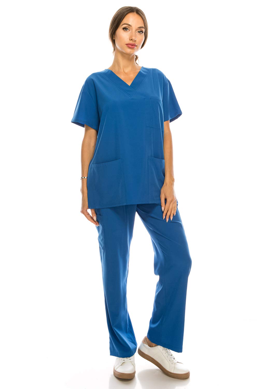 Banhada 8-Pocket V-Neck Top Medical Scrubs Set for Woman - 4 Way Stretch, Comfort, Light Weight Blue, 1X