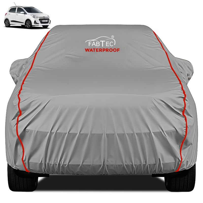 FABTEC Waterproof Car Body Cover for Hyundai Grand i10 Nios Waterproof Car Cover with Mirror Pocket with Ultra Soft Inner Cotton Lining All Weather Protection Peva Grey with Red Piping