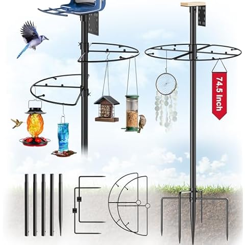 Onlyfly Bird Feeder Pole Stand – 74.5 Inch Height Bird Feeding Station with Semicircular Hook, 22 Hanging Areas for Bird Feeders Suet Feeder, 1-Inch Dia Heavy Duty for Outdoor, Slip-Fit Connection Cover