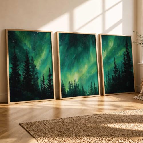 Image of kotart Big Aesthetic Nature Art Wall Framed Posters | Aurora Borealis Northern Lights View Framed Painting for Living Room Bedroom Wall Decor Set Of 3 (10X13 inch)