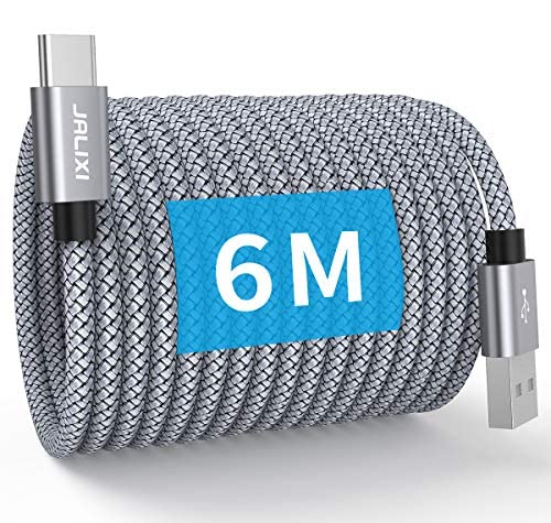 JALIXI Cavo USB C 6M Ricarica Rapida, Cavo USB Tipo C Extra Lungo Nylon per iPhone 15 Pro Max, Samsung Galaxy S24 Ultra S23 S22, A55 A54 A35 A34 A25 A15 A14, PS5, Grigio