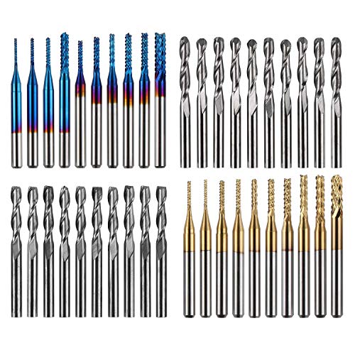 40pcs End Mills CNC Router Bits 1/8 Shank CNC Cutter Milling Carving Bit Set Including 2-Flute Flat Nose & Ball Nose Nano Blue Coat & Titanium Coat 2 Collets Included