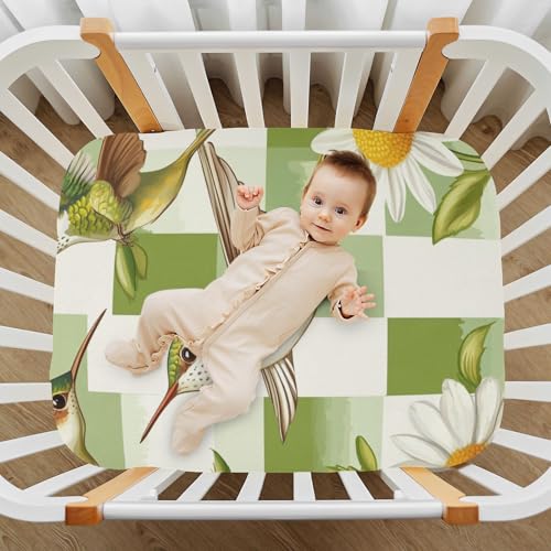 Image of Crib Sheet Breathable Soft Crib Mattress Sheet for Baby Toddler Boys Girls Fitted Crib Sheet Fit Standard Crib Mattress 52 x 28 Inch Checkered Green and White Hummingbirds Daisy