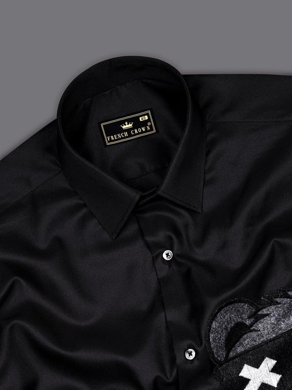 Image of FRENCH CROWN Men's Black Pure Cotton Regular Fit Casual Embroidered Shirt