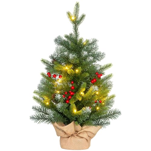 HOMCOM Sapin de Noël Artificiel 60 cm Mini Arbre de Noël de Table Ornements décoration de Noël avec lumière LED, 141 Pointes, Pommes de pin et Baies...