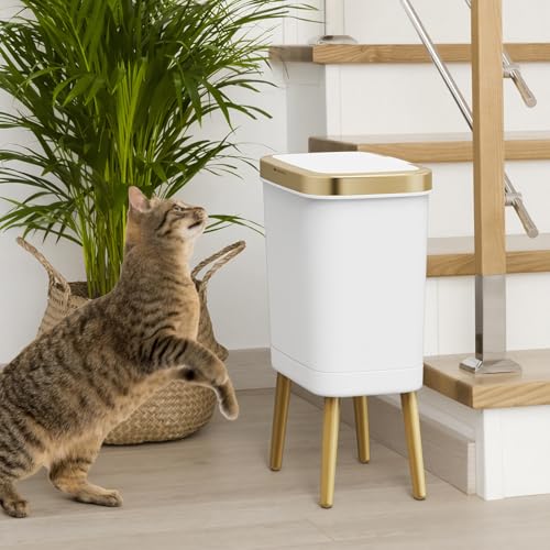 Image of Bathroom Trash Can with Lid, 4 Gallon Modern Garbage Can with Removable Legs, Plastic Garbage Bin, Slim White and Gold Trashcans for Bedroom, Living Room, Office, Kitchen