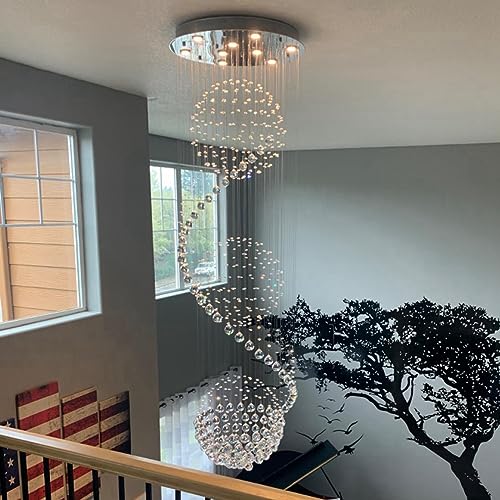 Image of 79-Inch Chandelier for High Ceilings, Modern Spinal Sphere Raindrop Crystal Ceiling Light for Stairs, Entryways, Foyers, Living Rooms, Crystal Strings Pre-assembled for Easier Installation