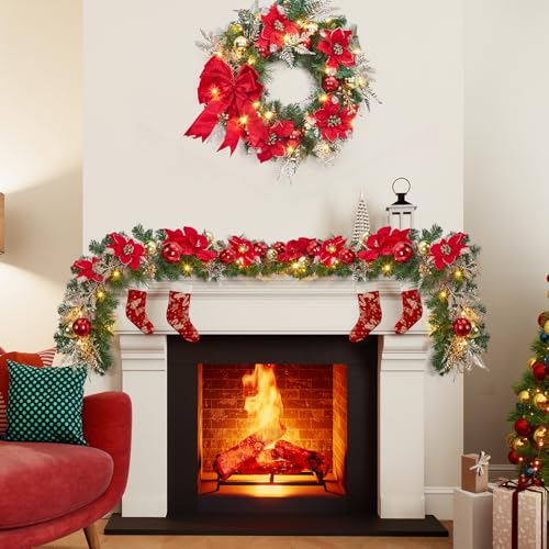 GarveeHome Christmas Garland with Lights for Mantle, 6ft Battery Operated Xmas Garland with 20 LED Lights Timer Red Gold Balls Velvet Ribbon for Fireplace Stair Railing Indoor Outdoor Holiday Decor