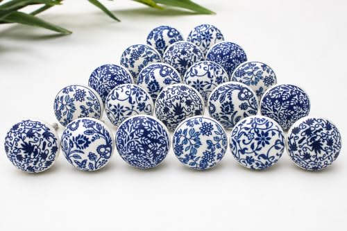 ARTISNO Ceramic Knobs for Cabinets - Set of 20 Decorative Blue Round Ceramic Knobs Handpainted Boho Home Kitchen Cabinet Drawer Knobs Elegant Wardrobe & Dresser Pulls Housewarming Gift (Blue Mix)