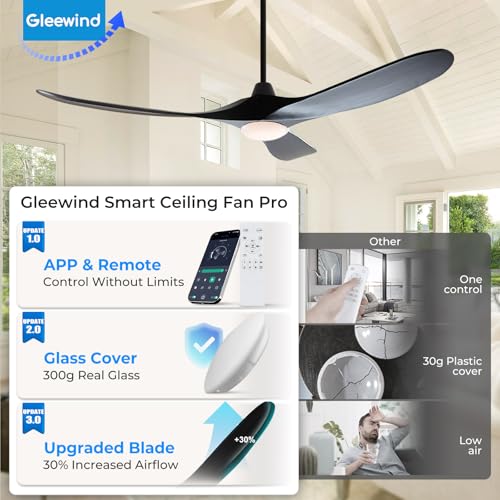 Image of Outdoor Ceiling Fans with Lights-Glass Lamp, 60 inch Damp Rated Wood Propeller Blades for Patios & Porch, Smart APP and Remote Control, 3 Blades Dimmable LED Ceiling Fans, High CFM 6 Speed-Black