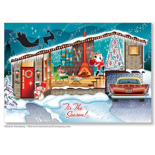 A Visit From Santa - Mid-Century Modern House Christmas Cards