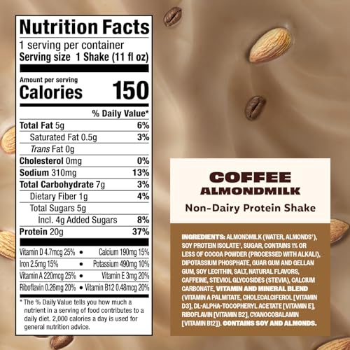 Image of Premier Protein Non-Dairy Plant Based Almondmilk Protein Shake, Coffee with Caffeine for Energy - 20g Protein, 5g Sugar, 11 fl oz, 12 Pack
