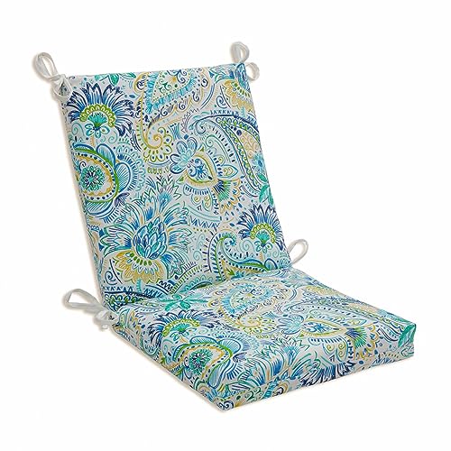 Pillow Perfect Paisley Indoor/Outdoor Solid Back 1 Piece Square Corner Chair Cushion with Ties, Deep Seat, Weather, and Fade Resistant, 36.5´´ x 18´´, Blue/Yellow Gilford,
