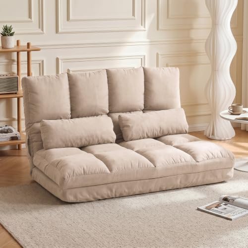HOMCOM Convertible Floor Sofa Chair, Folding Couch Bed, Guest Chaise Lounge with 2 Pillows, Adjustable Backrest and Headrest, 40.25' L, Beige