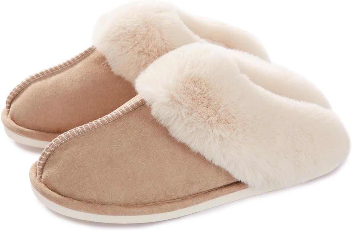 – Womens Slipper Memory Foam Fluffy Slip-on House Faux Suede Fur Lined/Anti-Skid Sole, Indoor & Outdoor