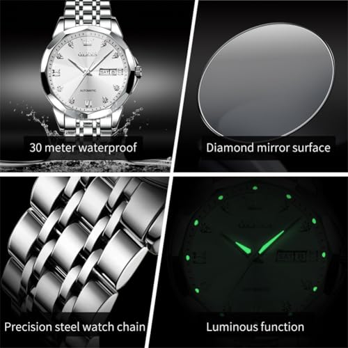 Image of OLEVS Watch for Men Automatic Classic Mechanical Watch Diamond Mirror Stainless Steel Dress Casual Waterproof Day /Date Calendar
