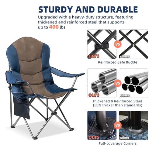 Foristrail 2 Pack Folding Camping Chairs for Adults - High Back Padded Portable Outdoor Lawn Chairs 400lbs Capacity, Adjustable Armrests - Lightweight Camp Chairs Set (Blue & Brown) の商品画像 5