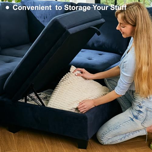 Belffin Modular Sectional Sleeper Sofa with Pull Out Bed U Shaped Sectional Sofa Couch with Storage Ottoman Velvet Covertible 7-Seater Sofa for Living Room Blue