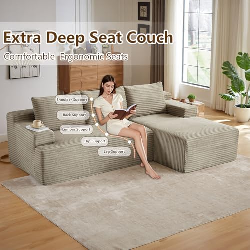 Image of 96.1 inch Modular Sectional Sofa Couches L-Shape Couch 3 Seat Modular Sofa Corduroy Memory Foam Sectional Boneless Couches for Living Room, Cloud Couch with Oversized Chaise(Camel, Right Facing)