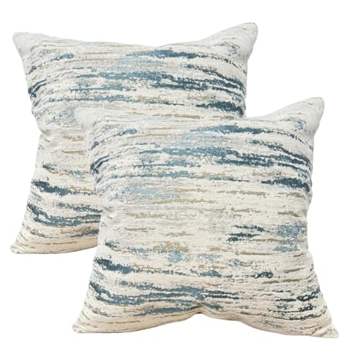 Agokaba AGO004-1 Abstract Pillow Covers 2 Packs Beige And Blue Striped Chenille Throw Pillow Covers For Couch Jacquard Nordic Textured Decorative Throw Pillows cover