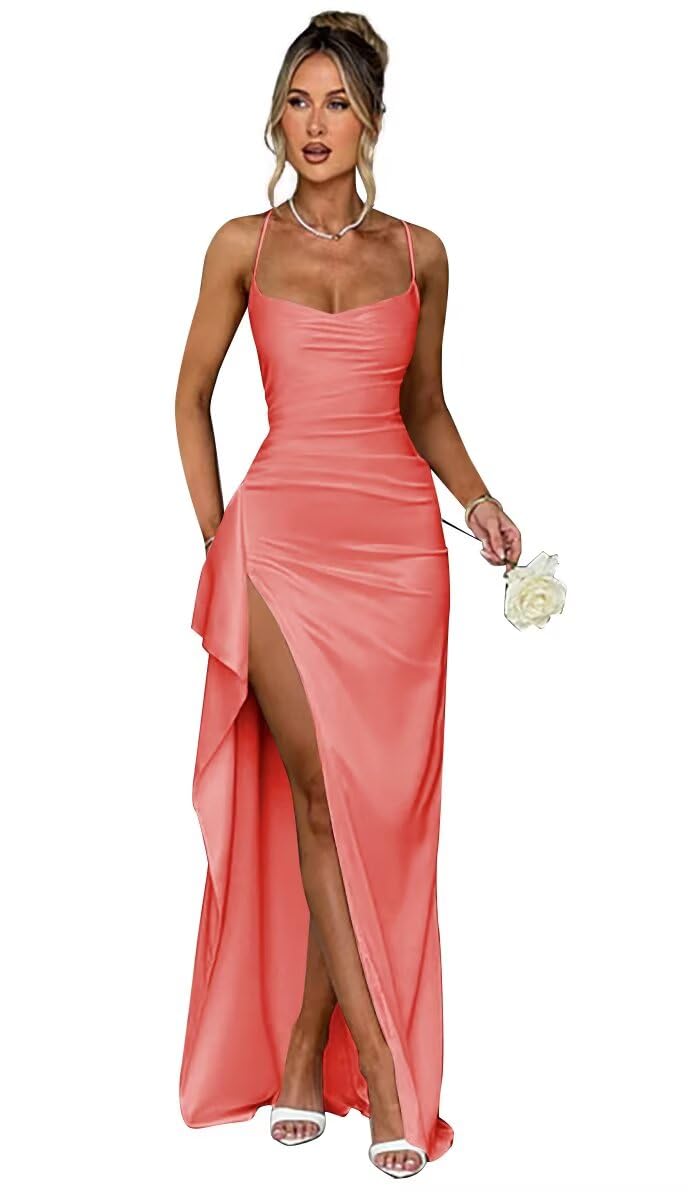 Women's Satin Prom Dresses 2026 Spaghetti Straps Cowl Neck Mermaid Formal Evening Dress with Slit