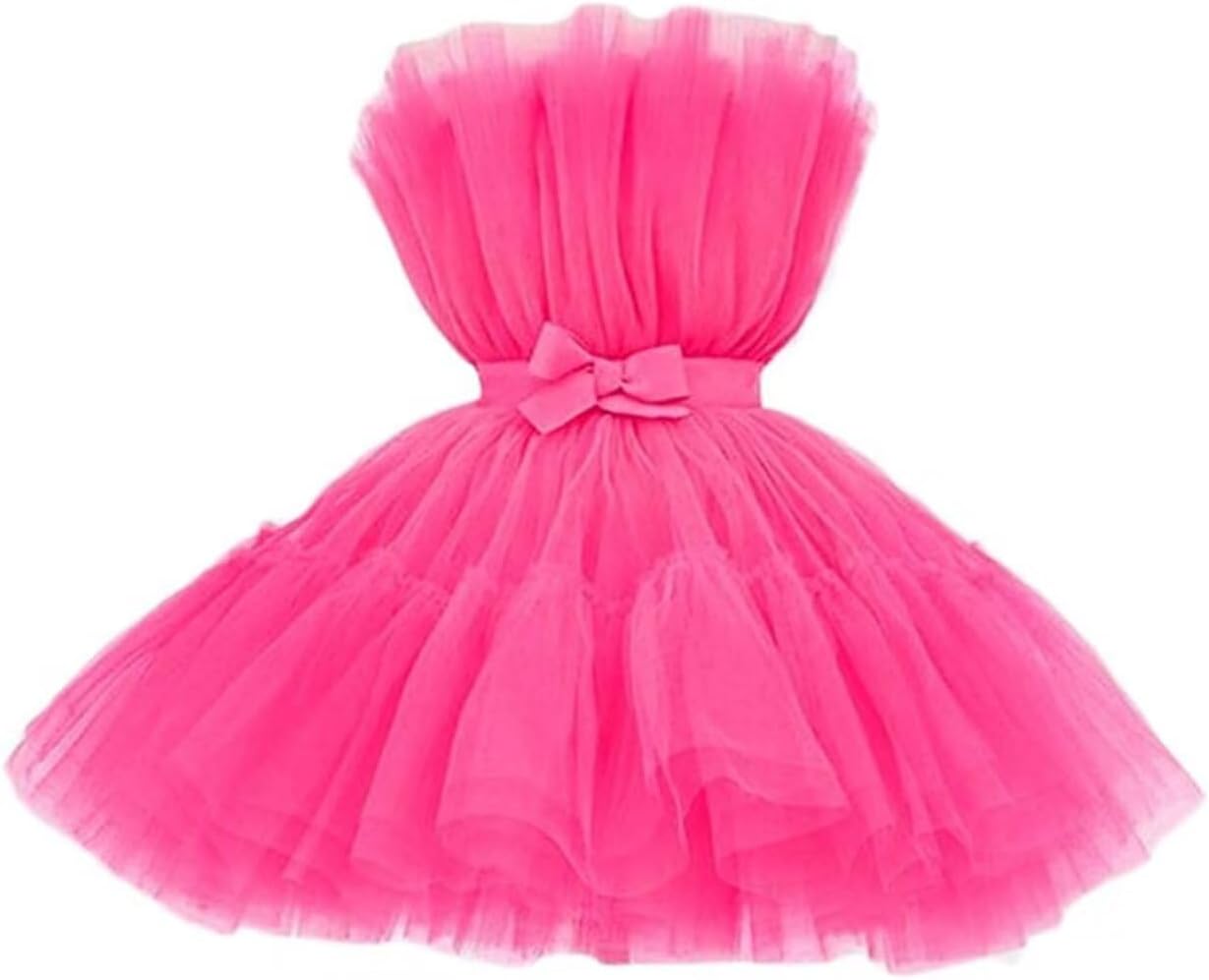 FTBY Women Tiered High Low Prom Dress Bow Sash Tulle Homecoming Pageant Dresses Hot Pink Long