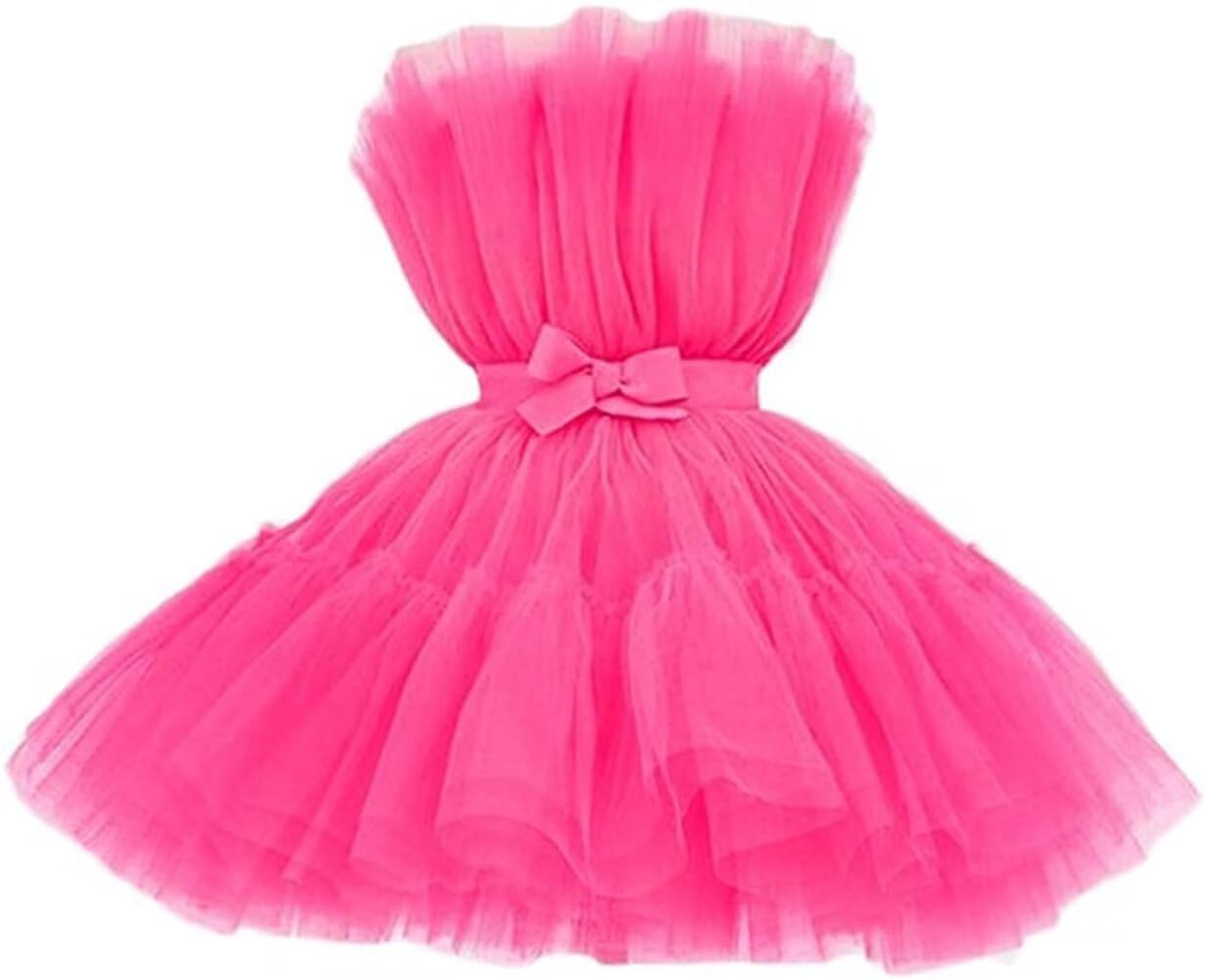 FTBY Women Tiered High Low Prom Dress Bow Sash Tulle Homecoming Pageant Dresses Hot Pink Long