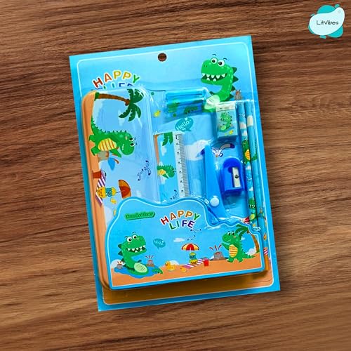 Image of Stationary Set Cute School Kit Good For Birthday Return Gift Educational Supplies For Kids-1*Steel Pencil Box,1*Plastic Scissor,2*Pencils,1*Sharpener,1*Eraser,2*Pencil Caps - Blue Dinasaur