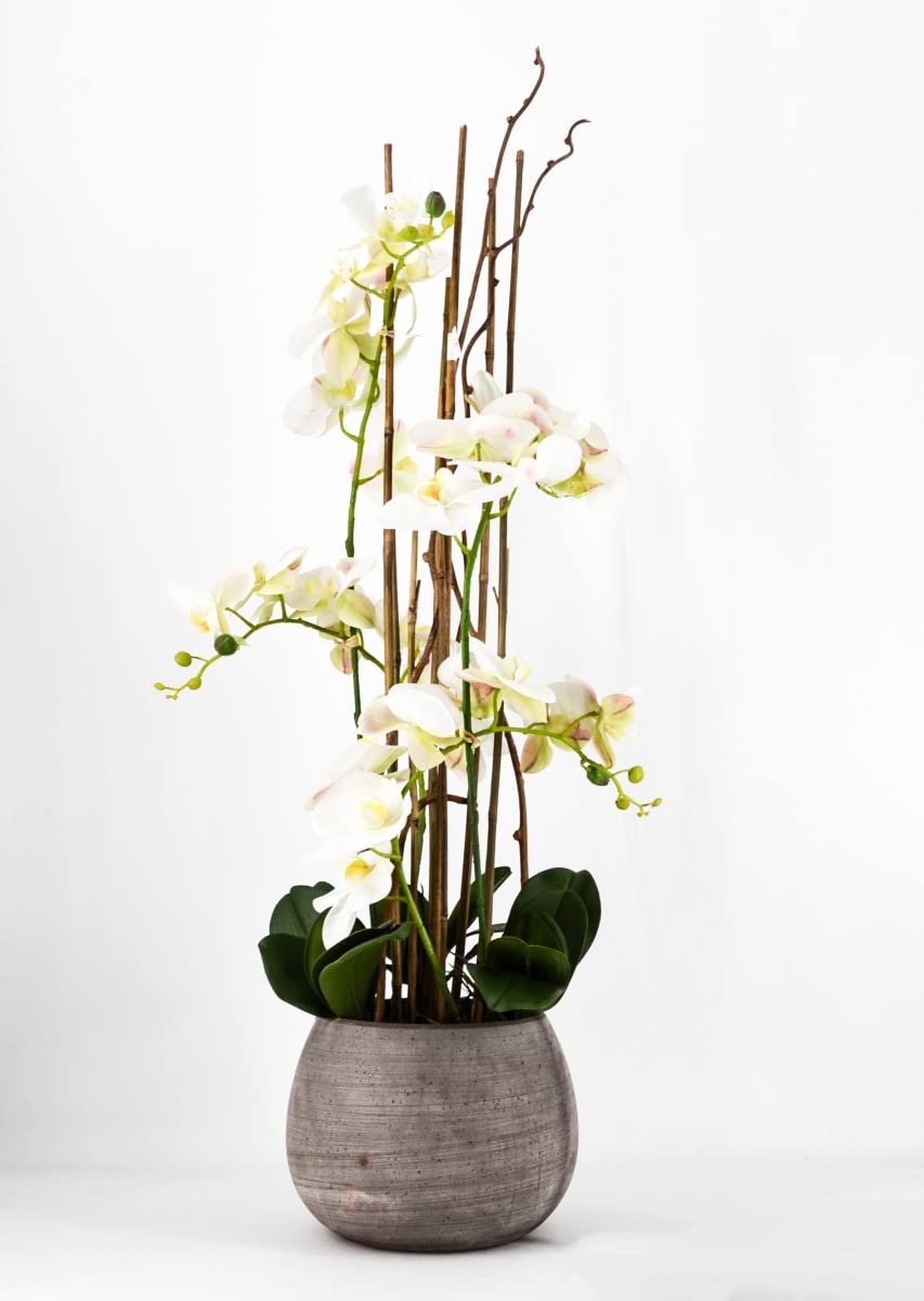 PHALAENOPSIS Orchidea Artificiale 100CM con Vaso Ovale Bianca Fiori Piante Artificiali